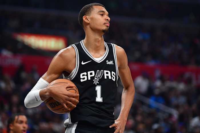 Oct 29, 2023; Los Angeles, California, USA; San Antonio Spurs center Victor Wembanyama (1) against the Los Angeles Clippers during the first half at Crypto.com Arena.
